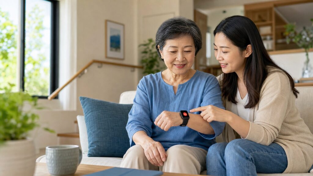 Senior woman using smartwatch fall detection and SOS with a family caregiver
