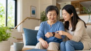 Senior woman using smartwatch fall detection and SOS with a family caregiver