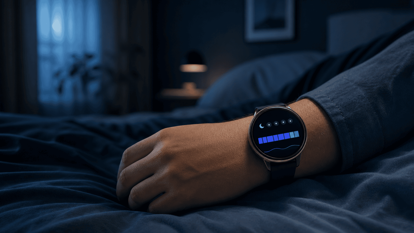 Smartwatch tracking sleep stages on a wrist at night