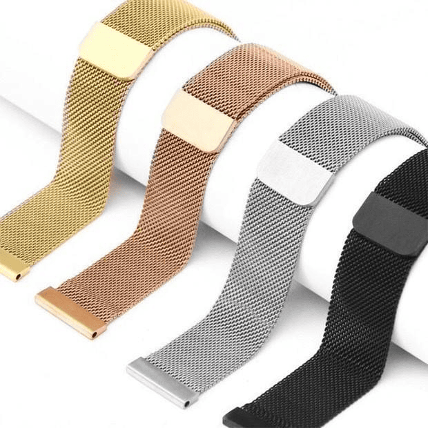 Milanese Mesh Stainless Steel Watch Band Collection Milanese mesh stainless steel watch bands in gold, rose gold, silver and black finishes
