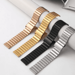Bamboo-link stainless steel watch bands in rose gold, gold, black and silver finishes